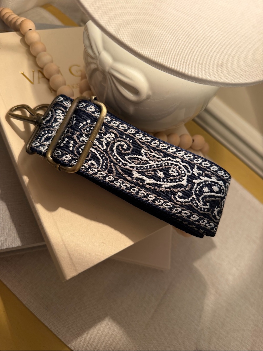 JENN & CO Navy Blue & White Paisley Embroidered Guitar Strap Purse Strap NWOT